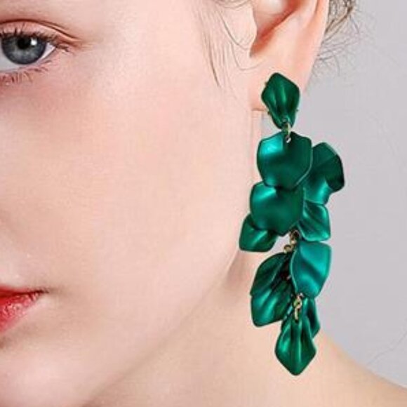 Long Green Acrylic Rose Petal Earrings – Exaggerated Floral Dangle Drop Earrings - Picture 2 of 6